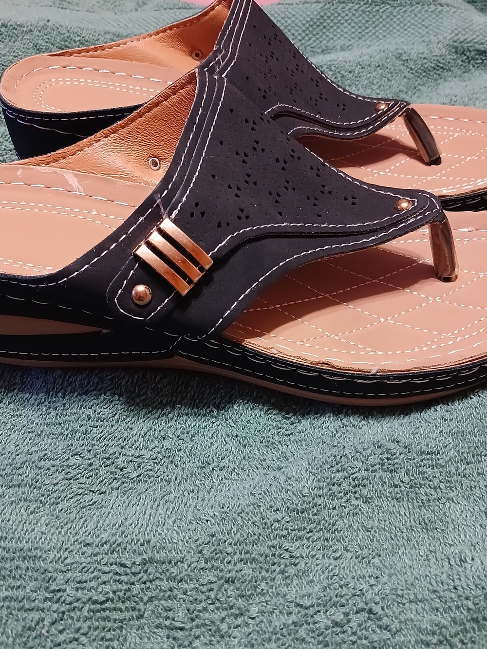 Comfortable Black Women's Toe-Post Sandals with Gold Accents